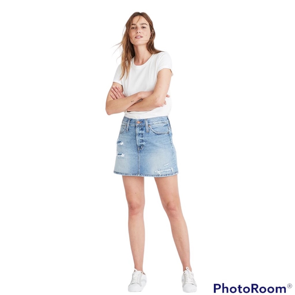 Madewell Rigid Denim Mini Skirt in Glencrest Wash: Rip and Repair Edition